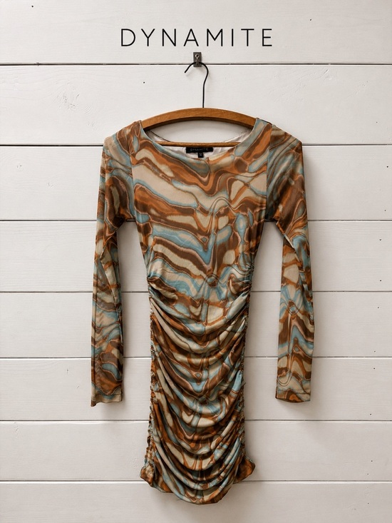 Dynamite Dresses & Skirts - Dynamite Mesh Ruched Mini Dress – Abstract Marble Print – Brown & Blue – Size XS